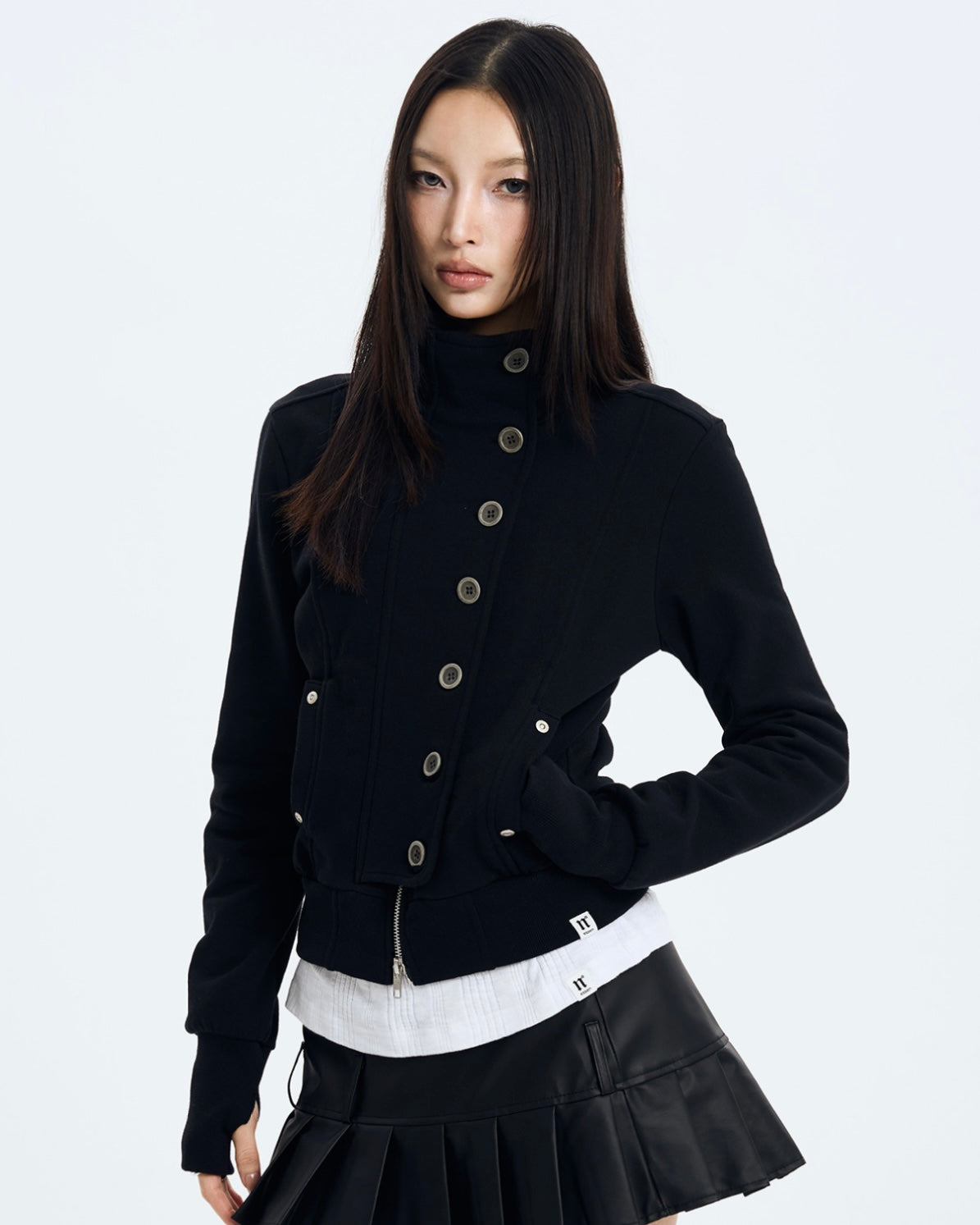 【NOT KNOWING】Button High Neck Zip Up