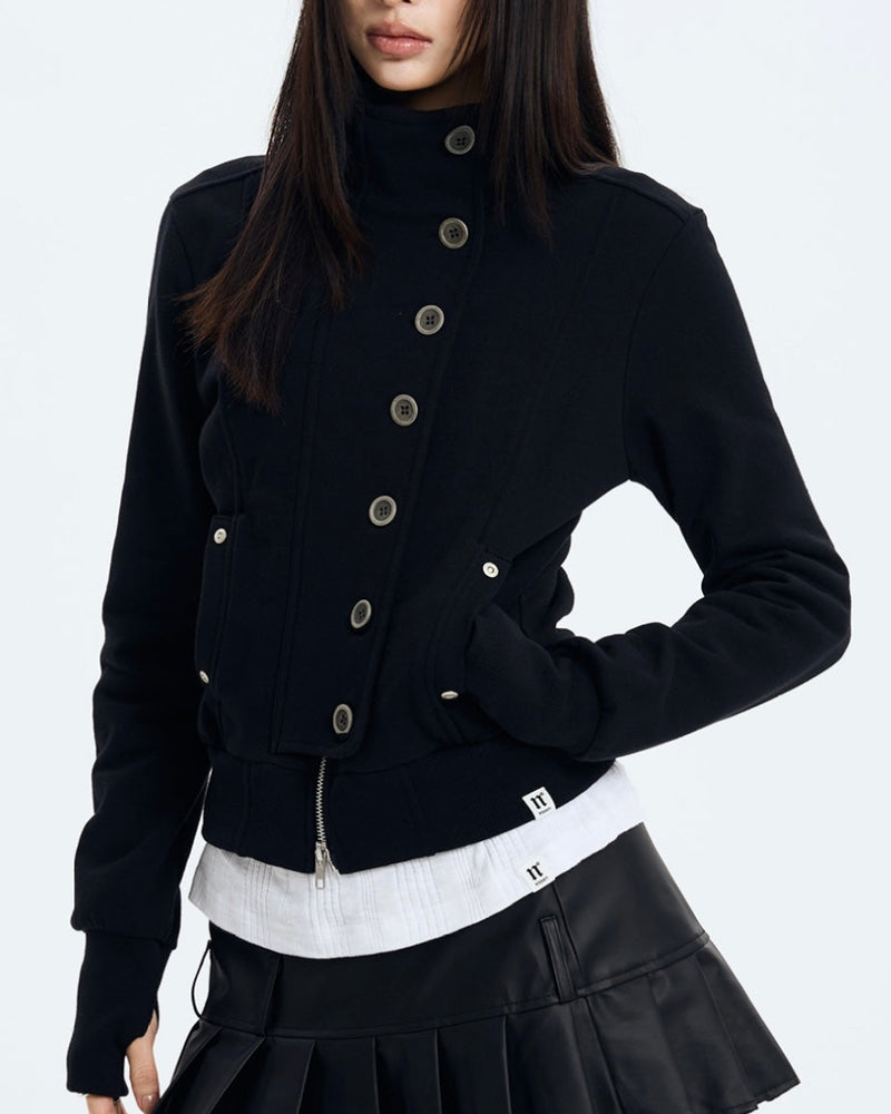 【NOT KNOWING】Button High Neck Zip Up