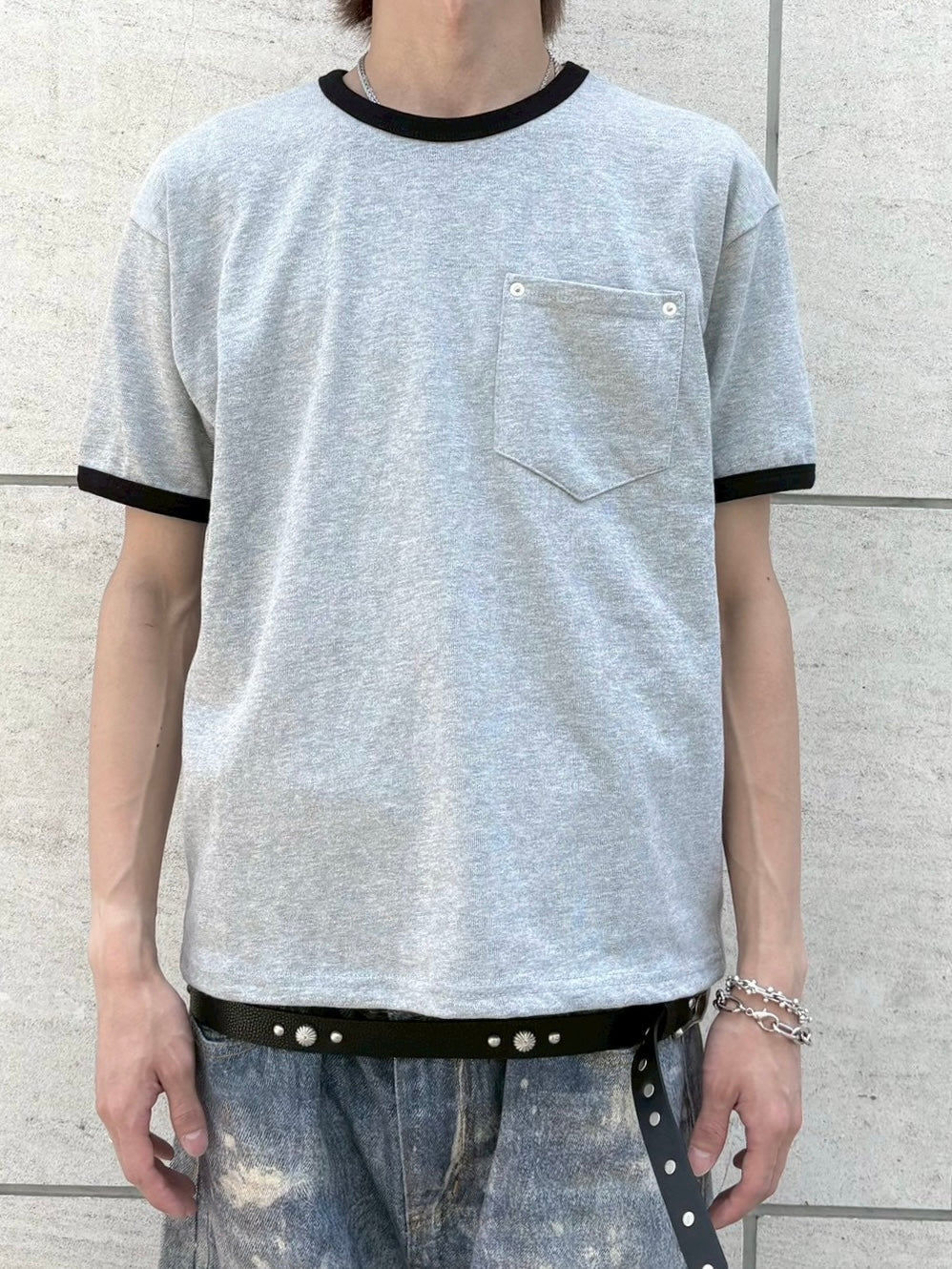 7/4 20:00発売 受注制【nmtc+】Washed Rivet Pocket Crop Slim Fit Tee (2color)