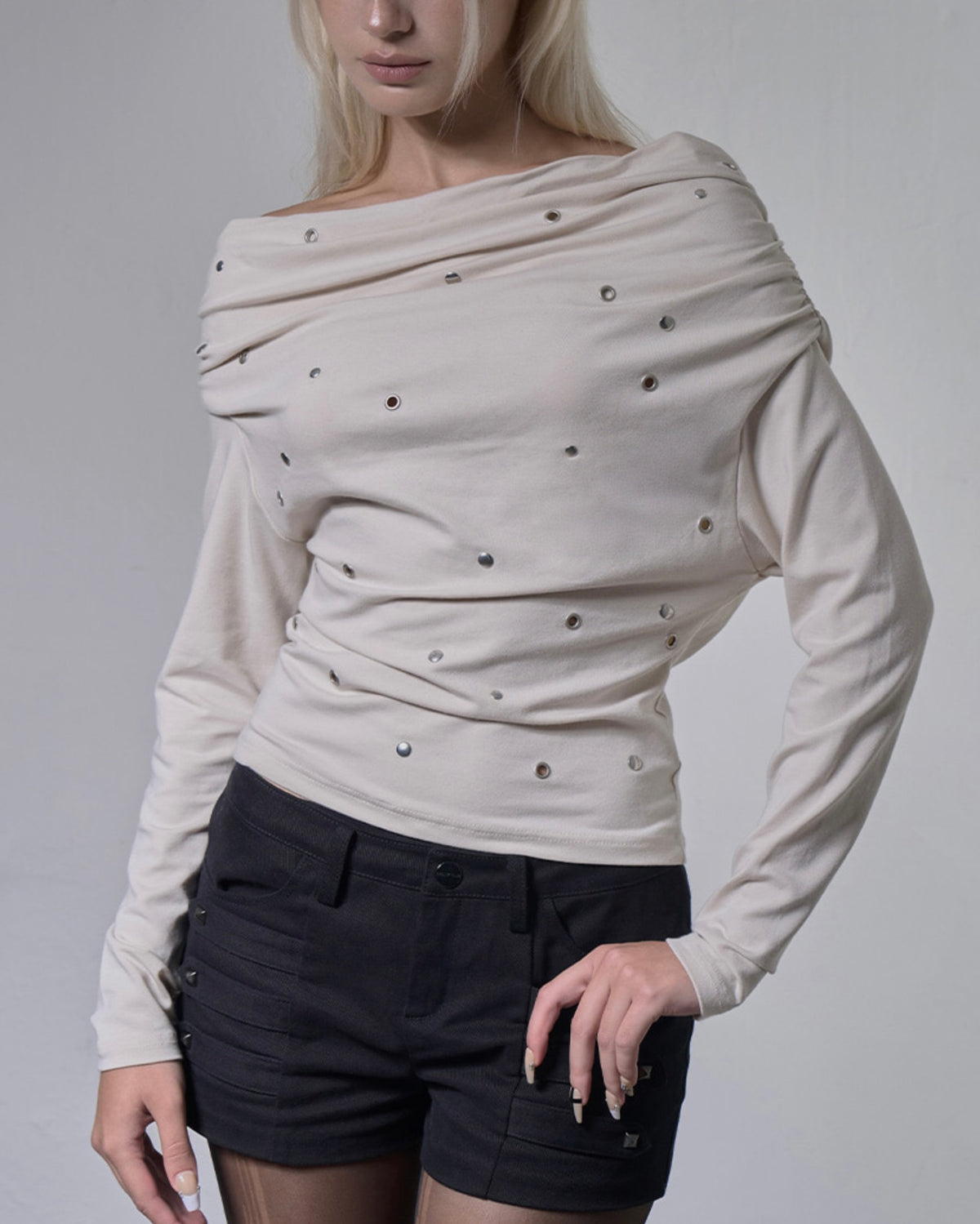 【FANCY CLUB】EYELET COWL ONE-SHOULDER TOP