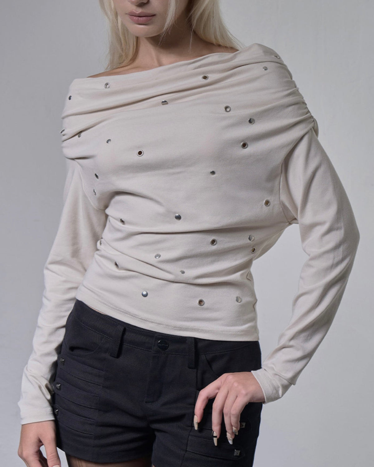 【FANCY CLUB】EYELET COWL ONE-SHOULDER TOP