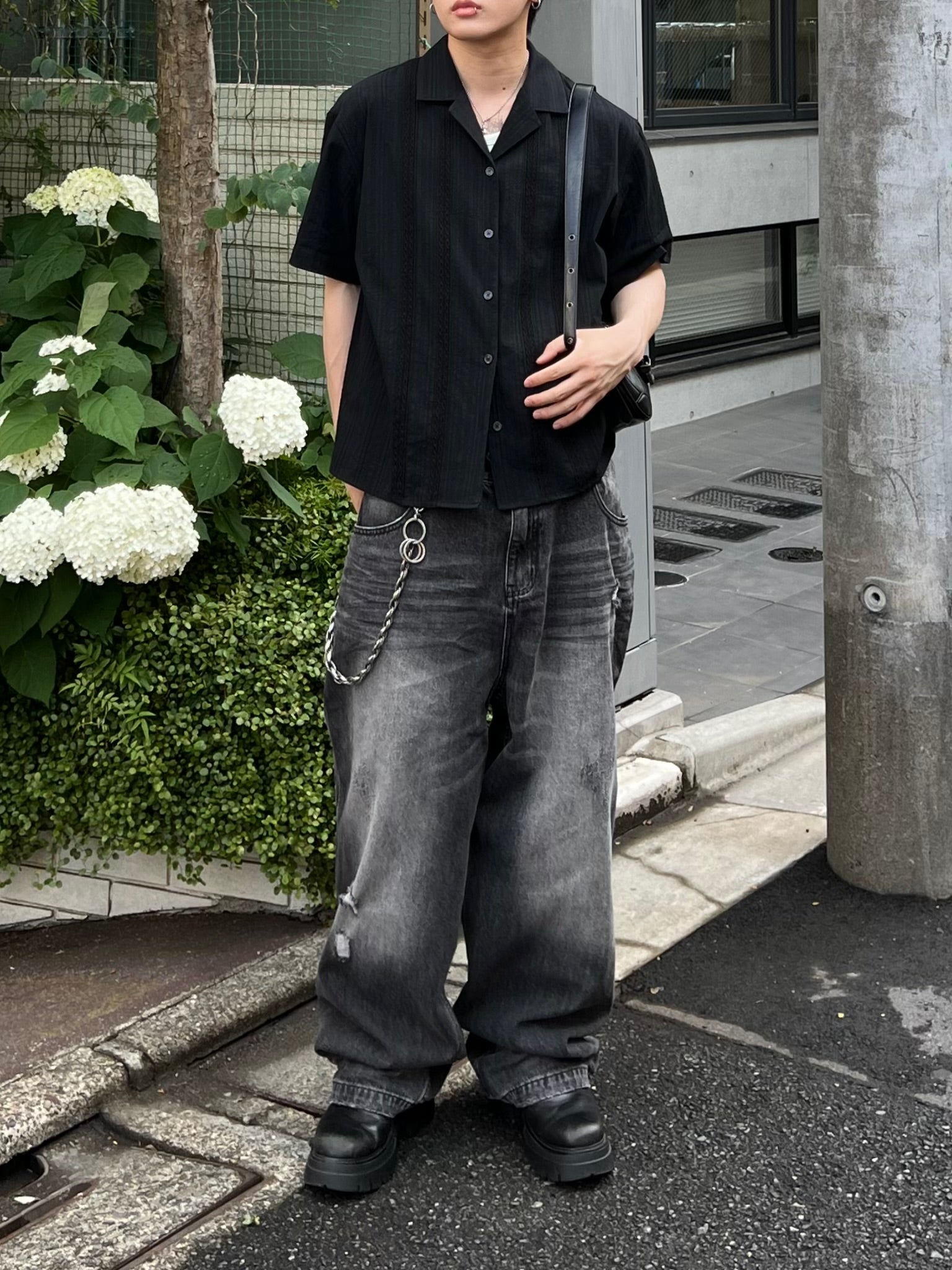 大阪店WEB限定受注制【Chikashitsu +】perforated open collar shirt (2color)