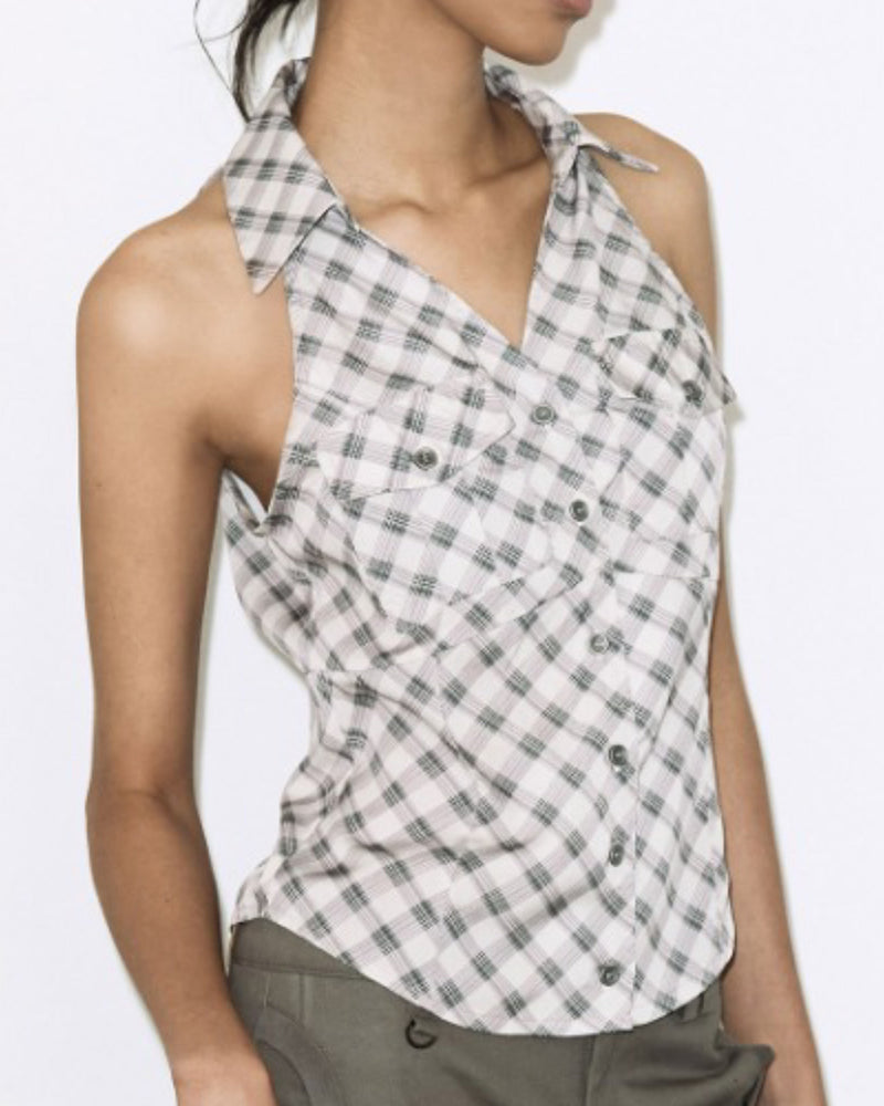 【FANCY CLUB】POCKET CHECK HALTERNECK TOP