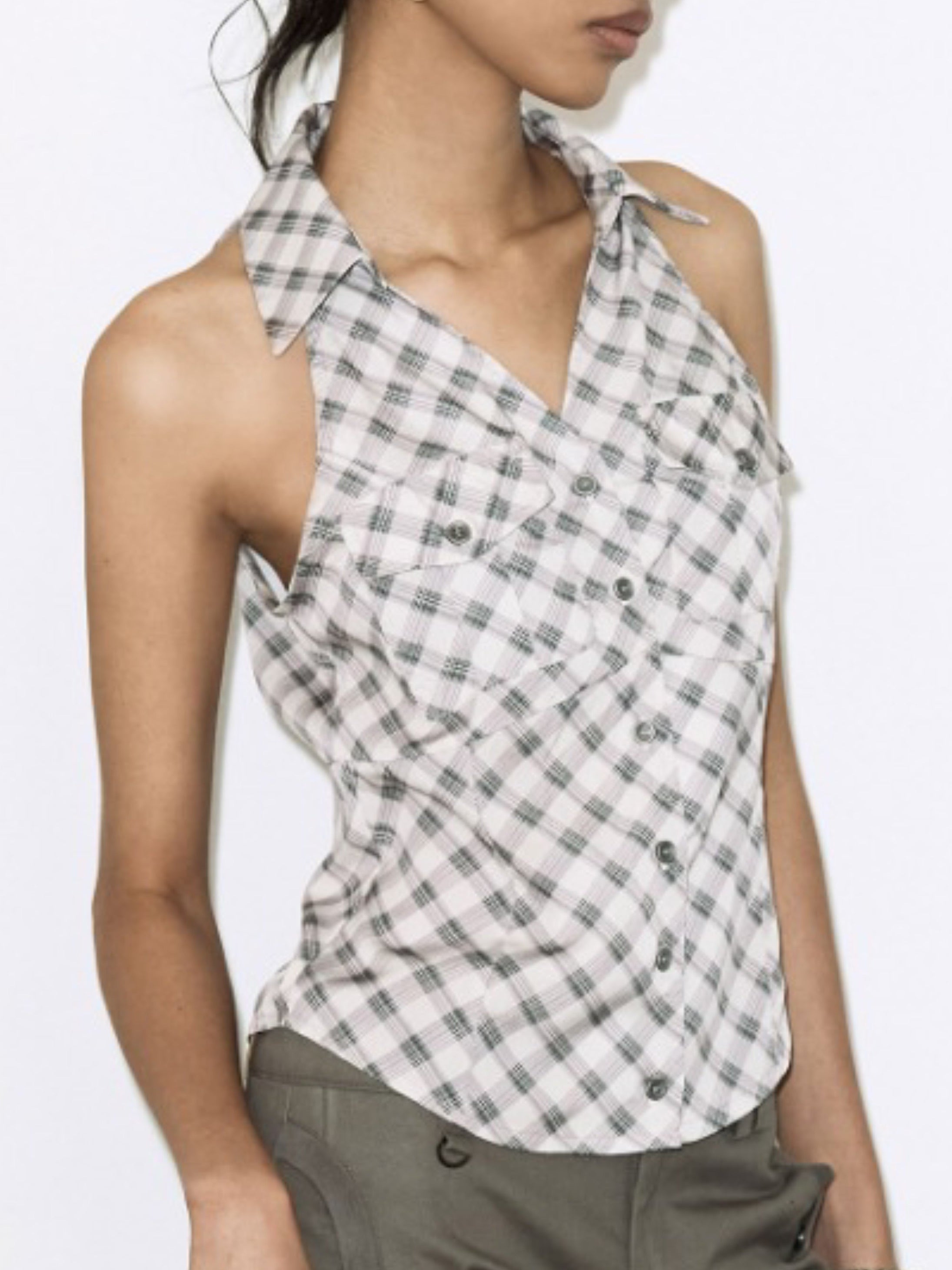 【FANCY CLUB】POCKET CHECK HALTERNECK TOP
