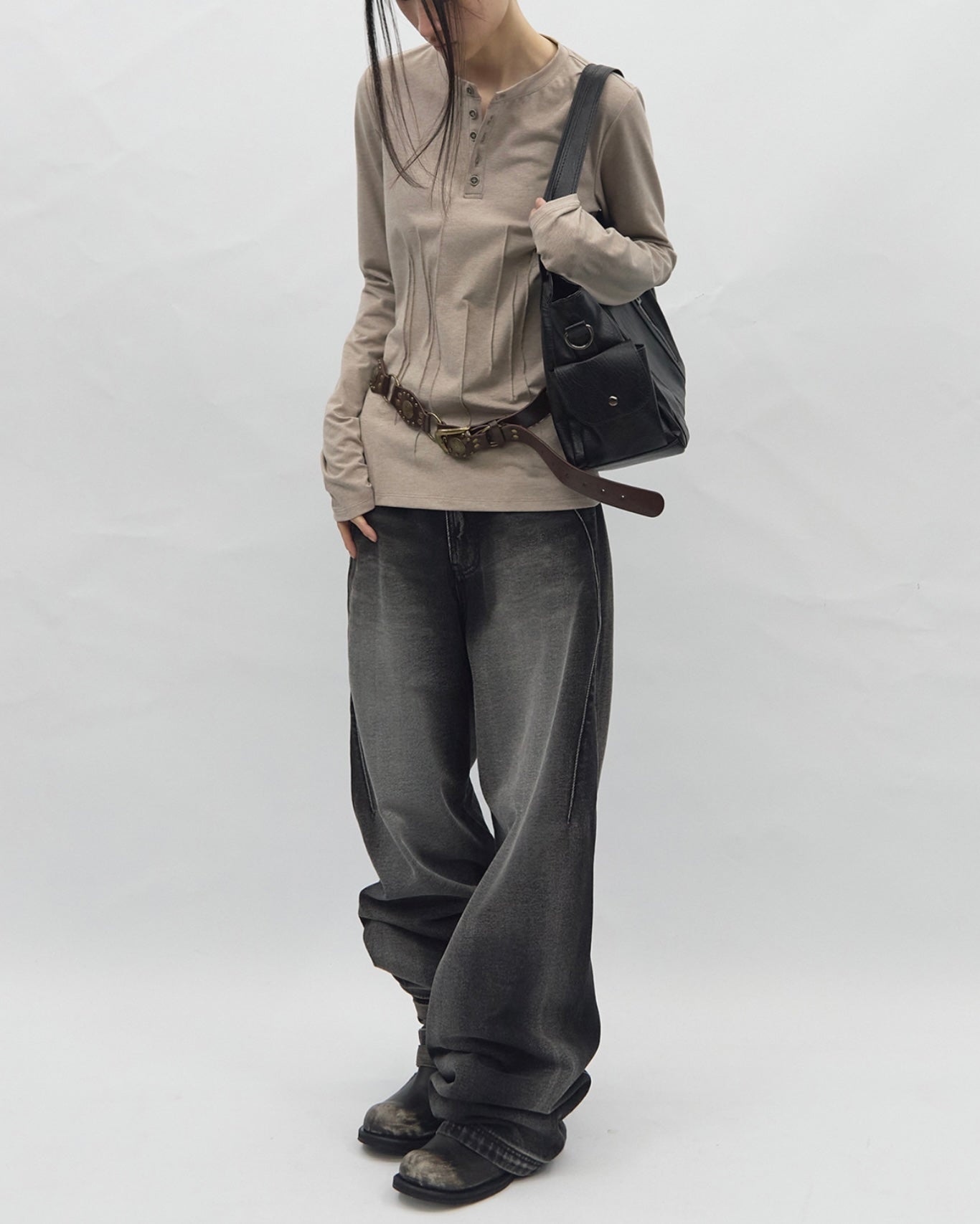 【BLR BLUER】Soft Pin-tuck Henley Long Sleeve