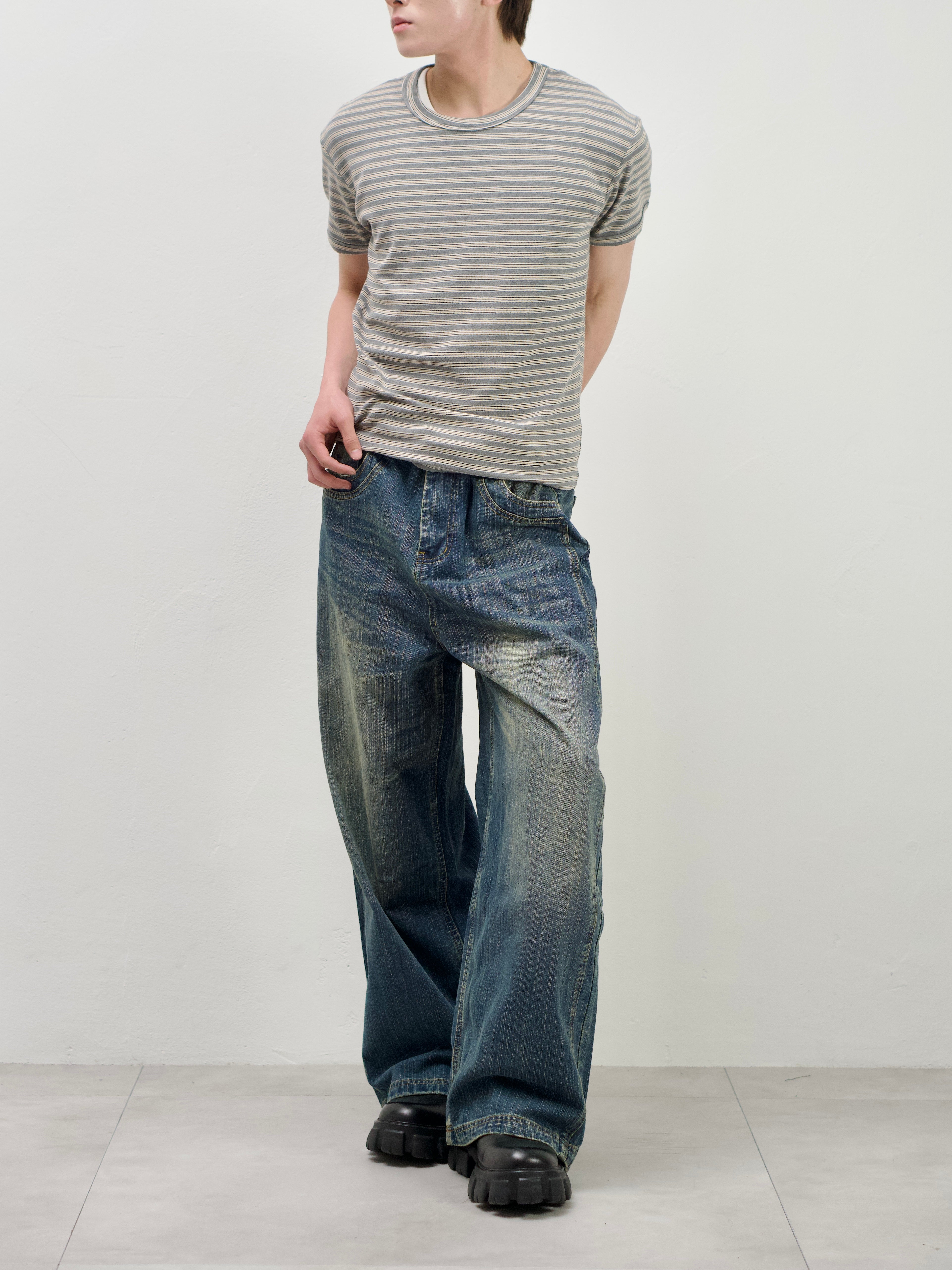 受注制【Chikashitsu +】double slub wide denim pants