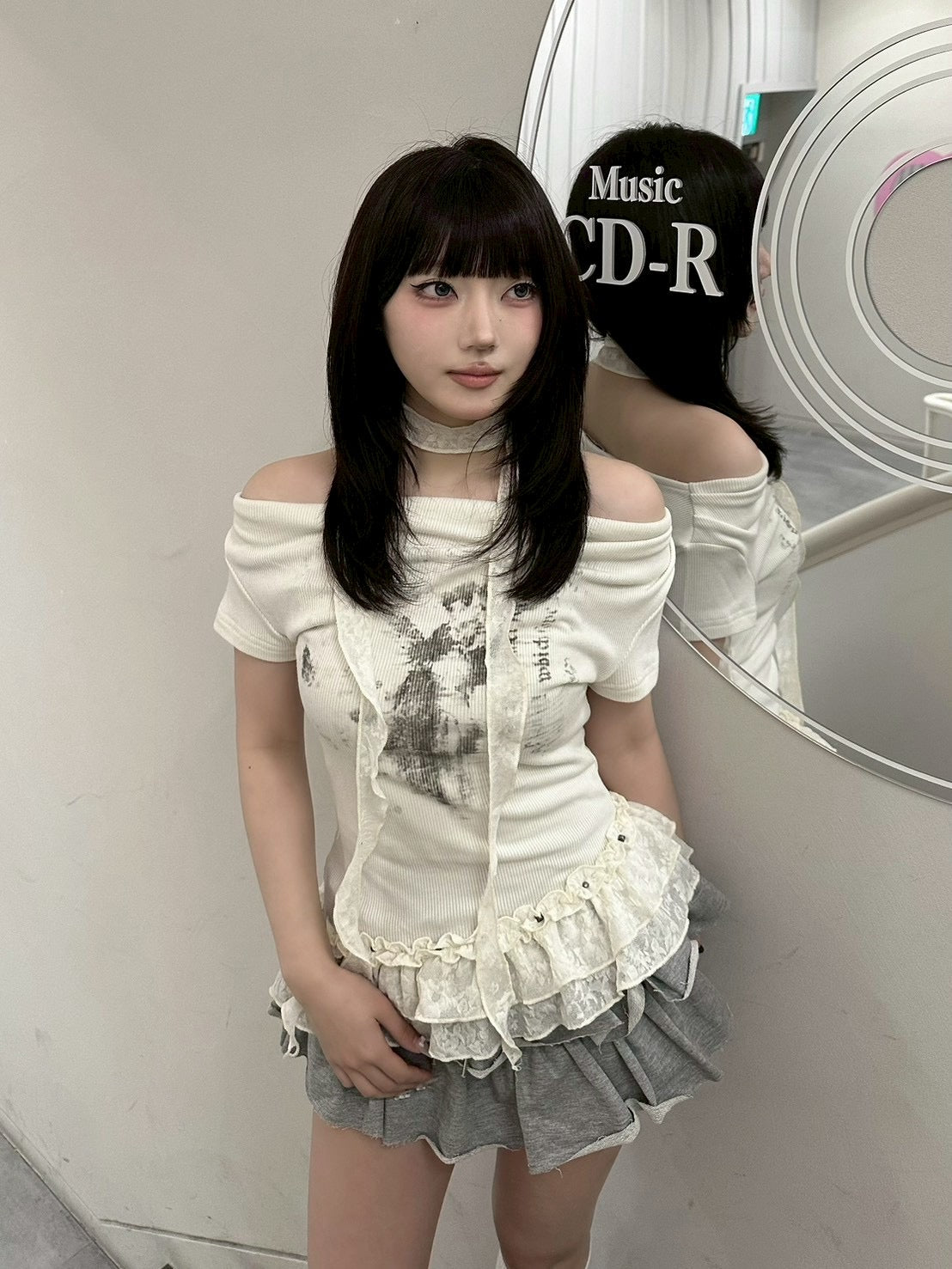 受注制【nmtc+】Drape Neck Frill Tee Scarf Set (3color)