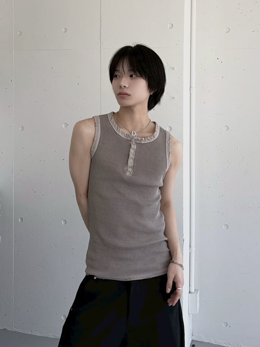 受注制【LUV CODE】pigment rib henley neck sleevesless (3color)