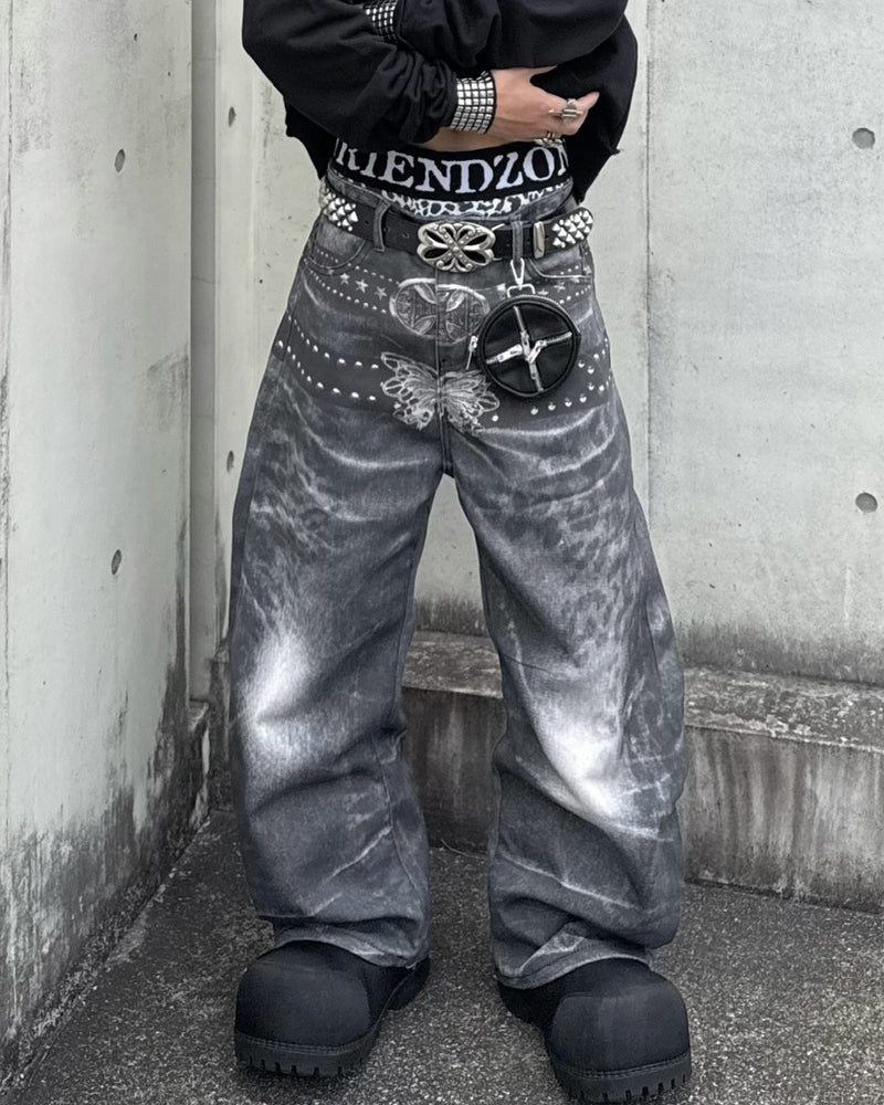 国際配送【Never mind the XU】belt print wide curved denim Pants