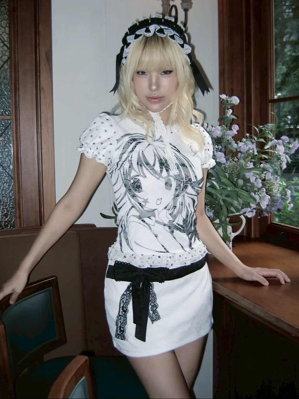 【SelfishGhost】Anime-themed lace print double-layer fabric tee