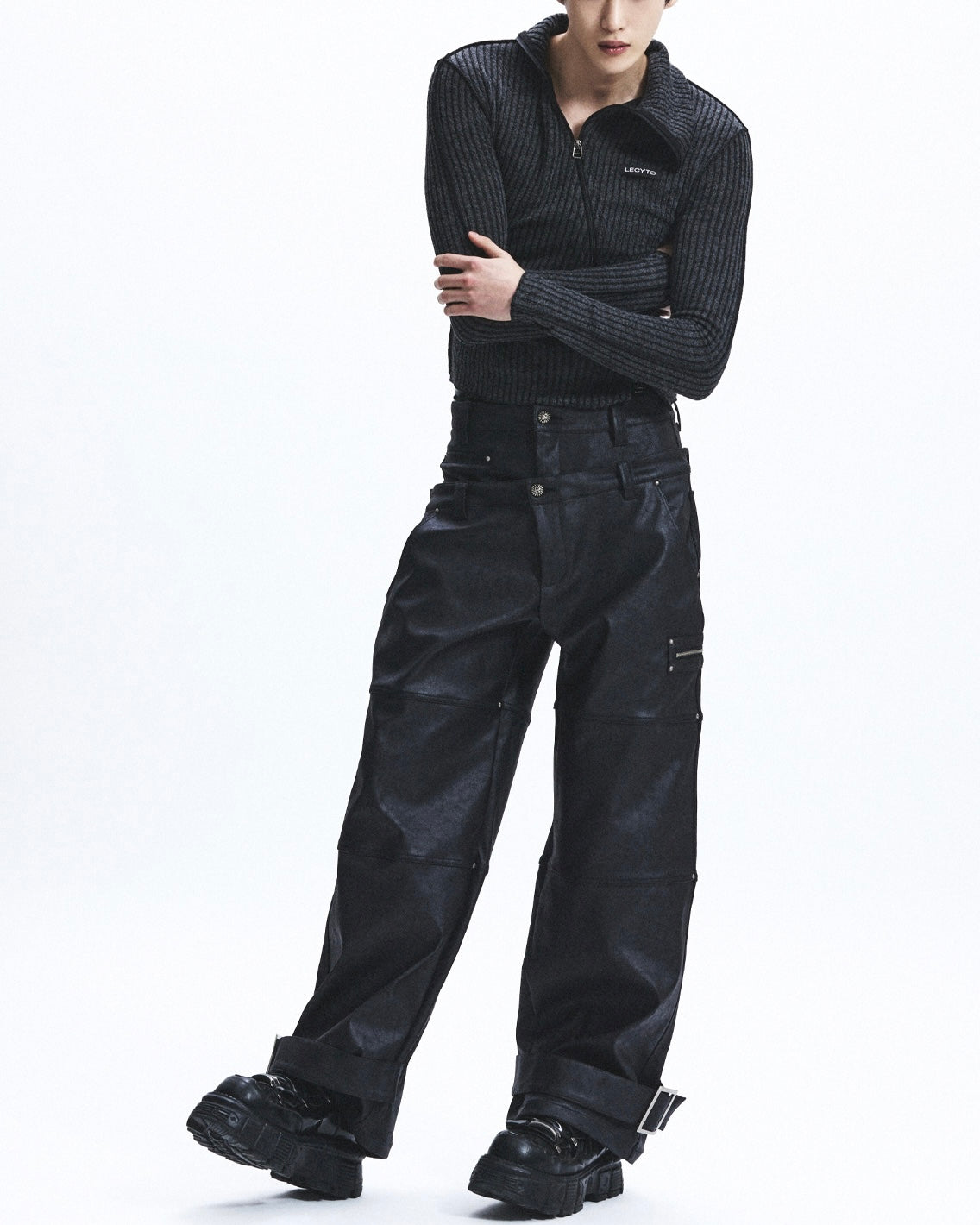 【LECYTO】Diagonal Rib Knit Zip-Up