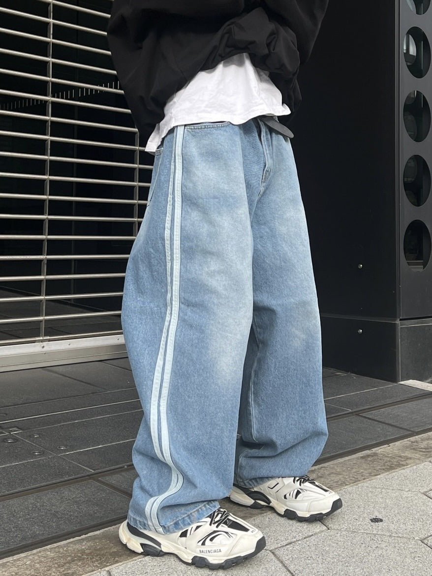 受注制【Chikashitsu +】oversized side line denim pants (2color