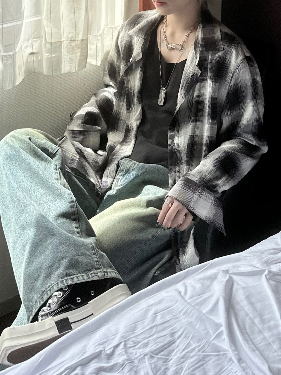 大阪店WEB限定受注制【Chikashitsu +】over fit shadow check shirt (3color)