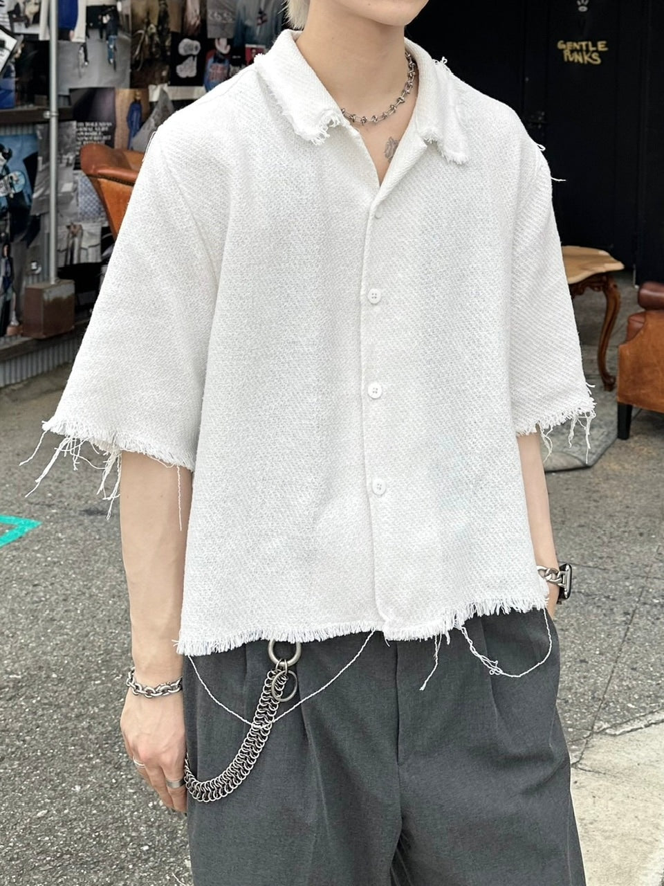 大阪店WEB限定受注制【Chikashitsu +】tweed cropped shirt (2color)