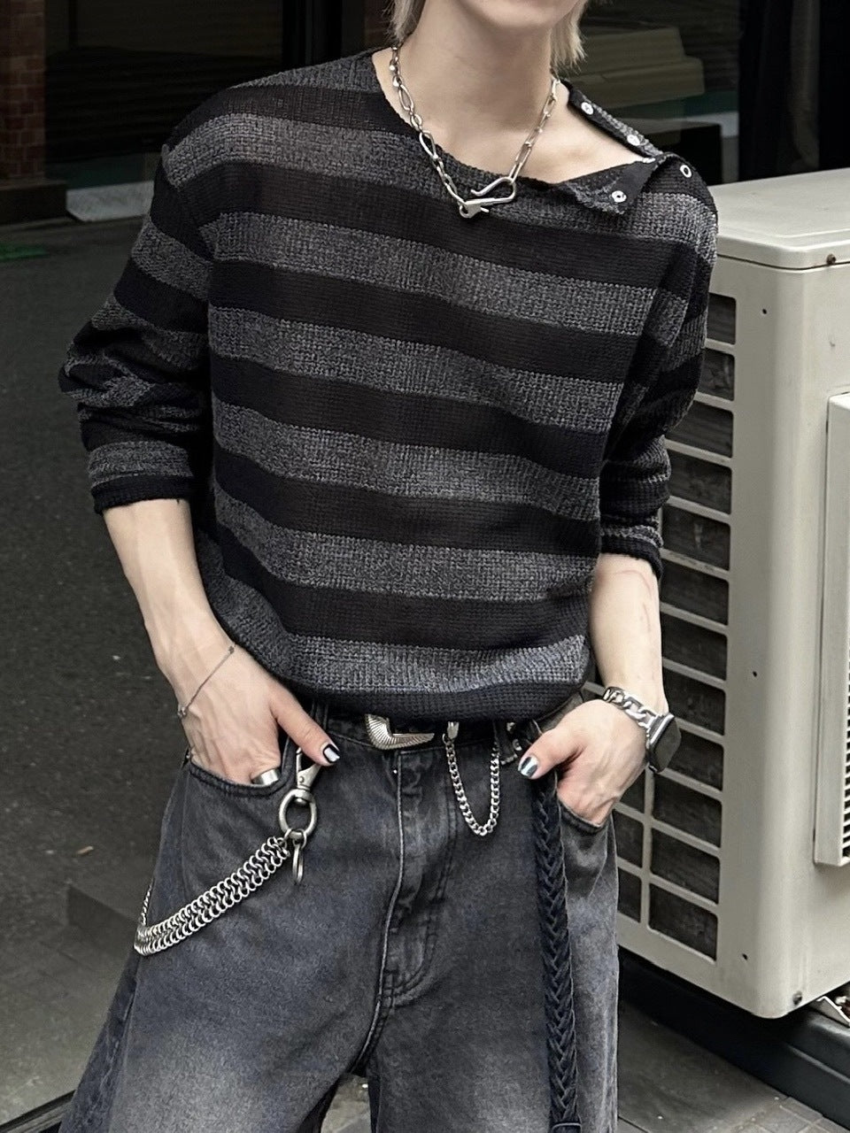 大阪店WEB限定受注制【Chikashitsu +】shoulder snap border knit (2color)