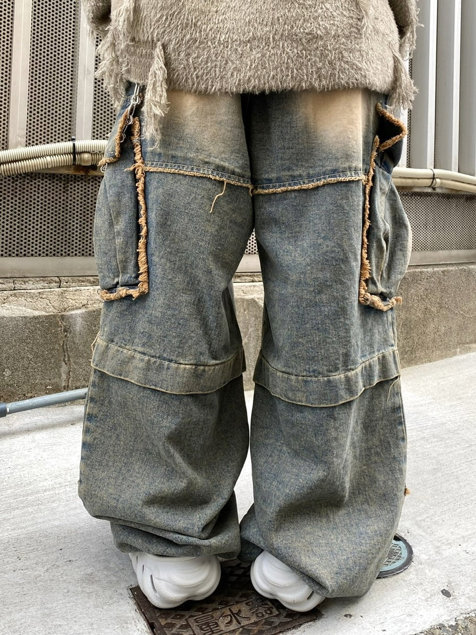 受注制【Never mind the XU】grunge denim cargo pants (2color) / 【ネバーマインドザエックスユー】グランジカーゴデニムパンツ