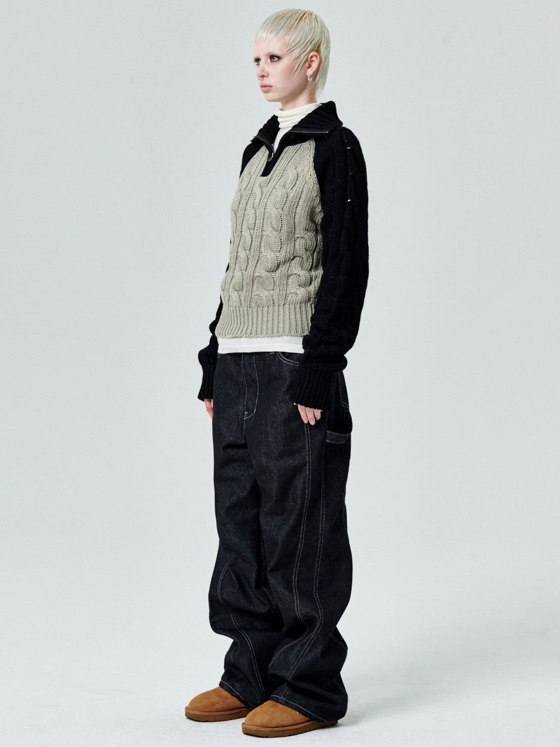 【runningHIGH】COLOR BLOCK TURTLENECK ZIP UP KNIT PULLOVER