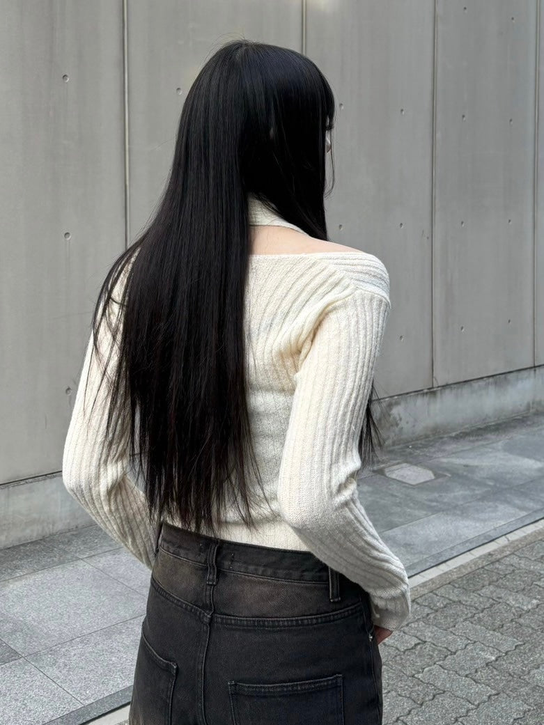 【Chikashitsu + LADIES】scarf set cropped knit tops (2color)