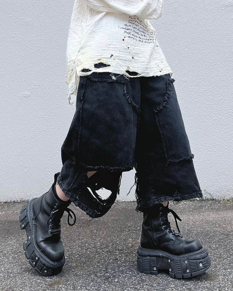 受注制【Bizarre Maiden】damage wide half denim pants