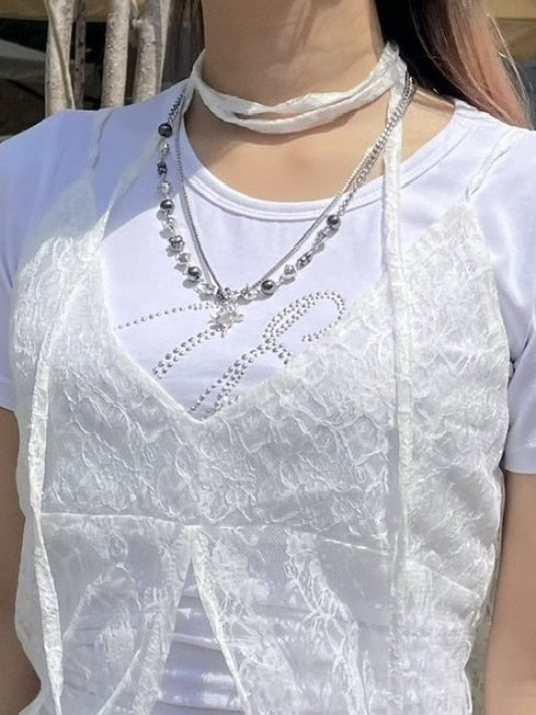 受注制【Never mind the XU】stone chain layered necklace / 【ネバーマインドザエックスユー】ストーンチェーンレイヤードネックレスシルバーネックレス
