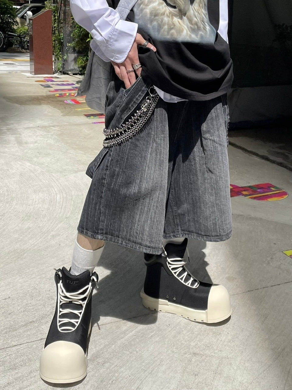 受注制【Never mind the XU】strap denim half pants (2color)
