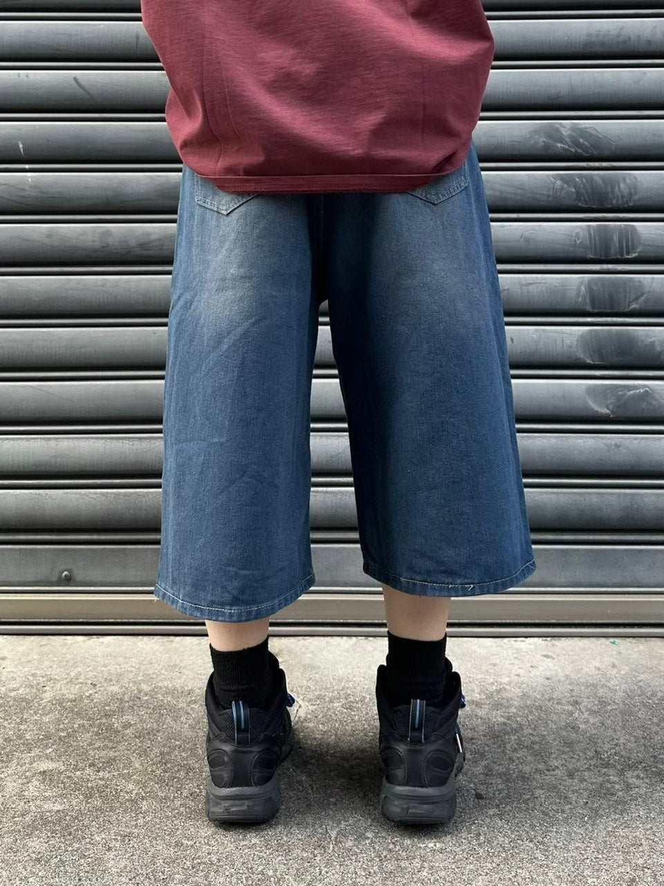 【Chikashitsu +】vintage wash wide denim half pants (2color)