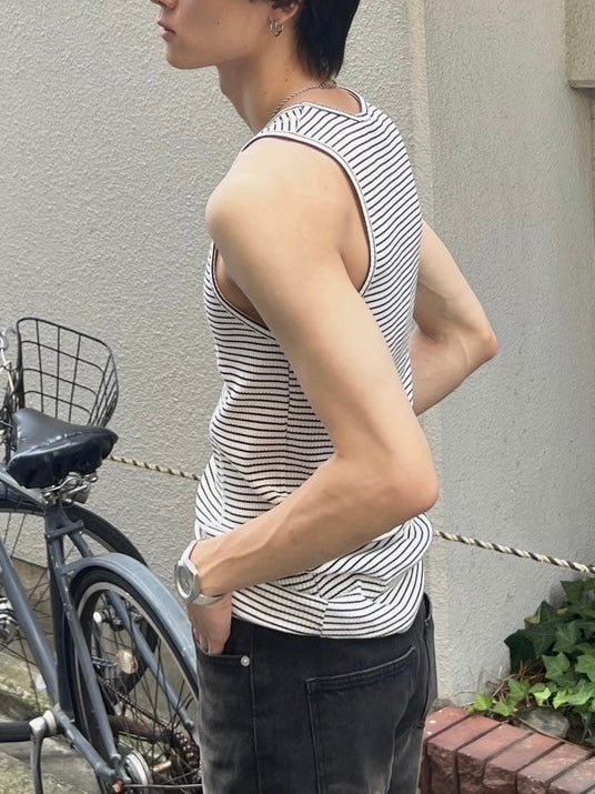 受注制【Chikashitsu +】border stitch rib sleeveless (2color) / 【チカシツプラス】ボーダーステッチリブタンクトップ