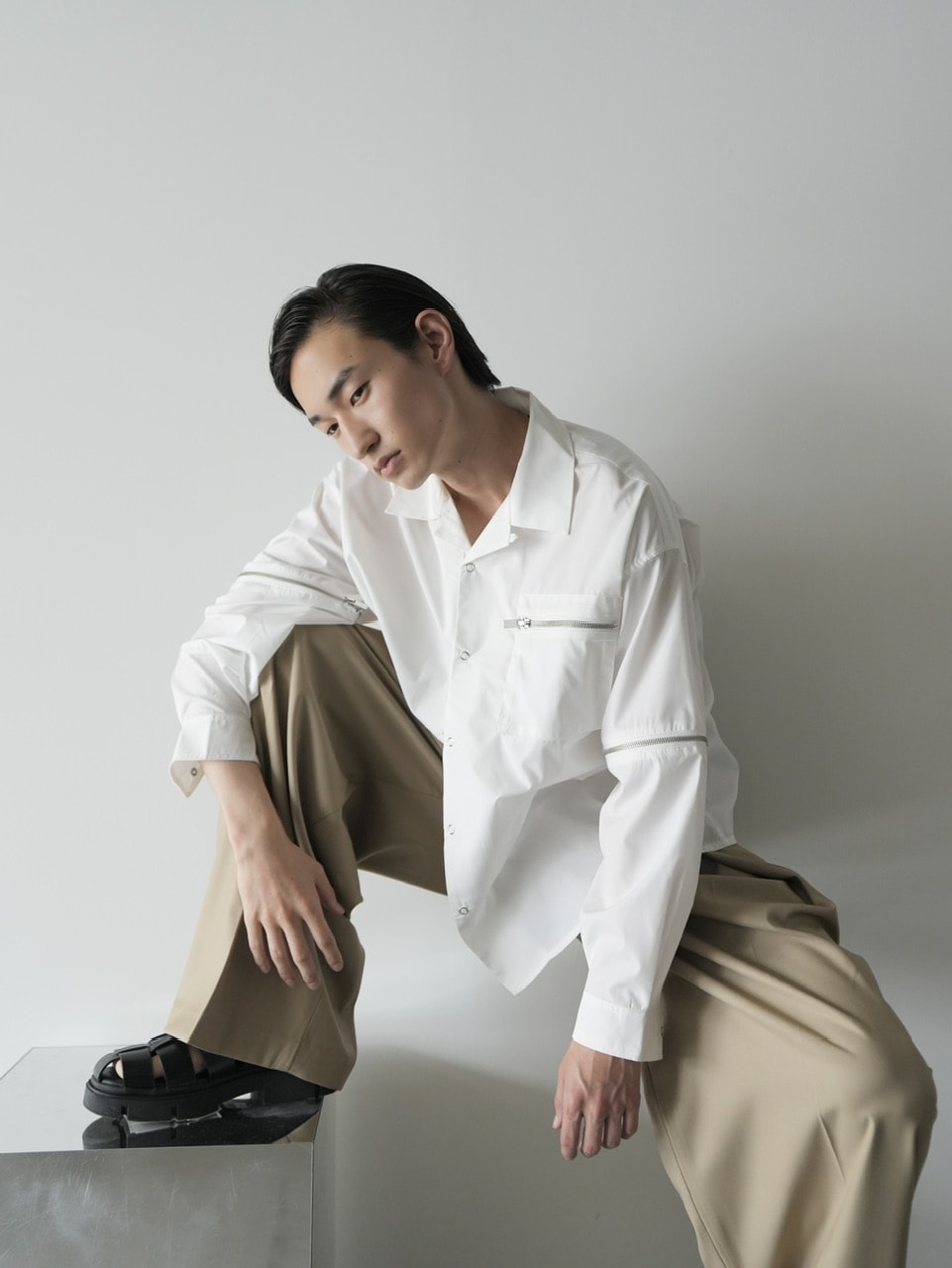 【CS】2way zip square cut shirt (white) / 【シーエス】2ウェイジップスクエアカット長袖シャツ