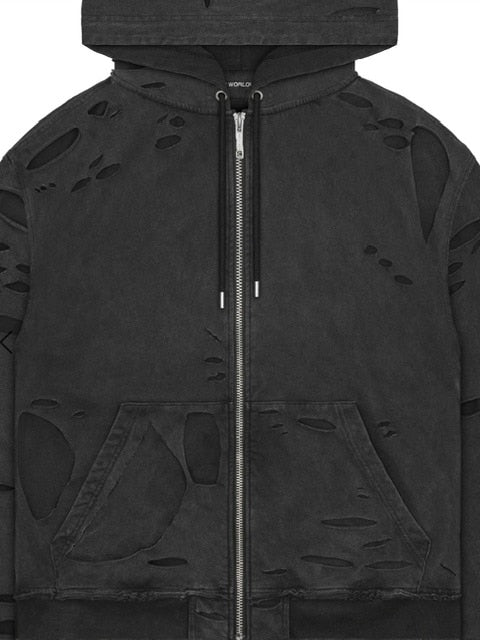 【RACER WORLDWIDE】Distressed 2 Layer Hoodie / 【レーサーワールドワイド】ツーレイヤーダメージジップアップ長袖パーカー