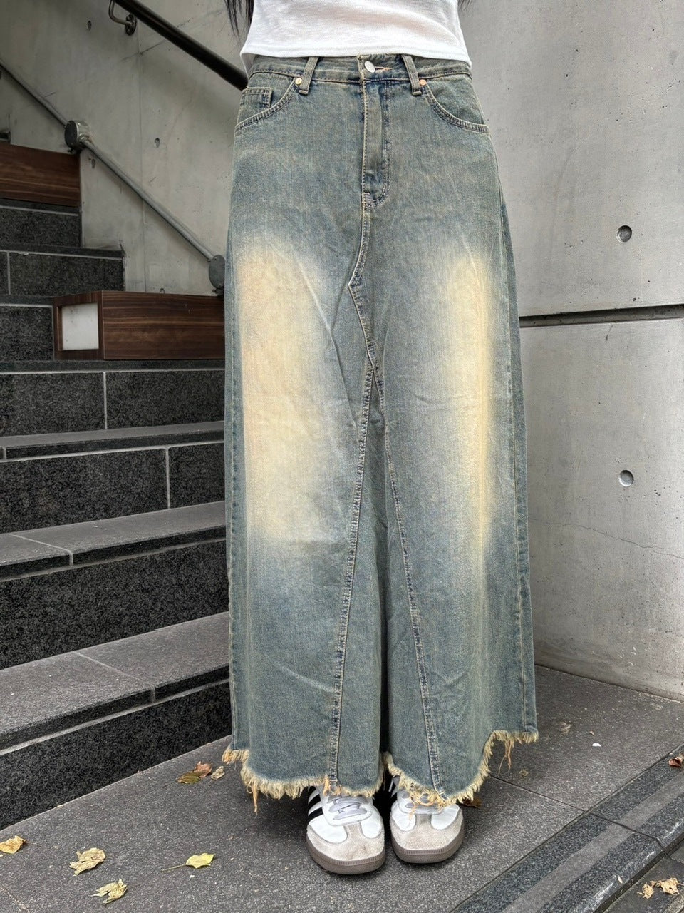 受注制【oaks】vintage wash denim maxi skirt (2color)
