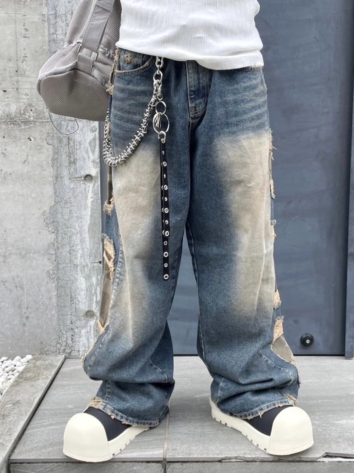 受注制【Never mind the XU】camouflage side damage denim pants (2color) / 【ネバーマインドザエックスユー】カモフラージュサイドダメージワイドデニムパンツ