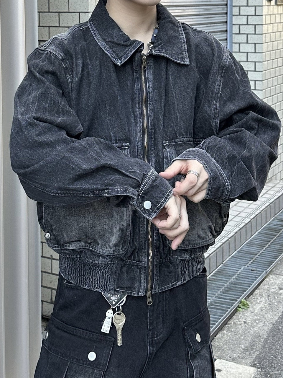 大阪店WEB限定受注制【Chikashitsu +】vintage wash cropped denim jacket (black)
