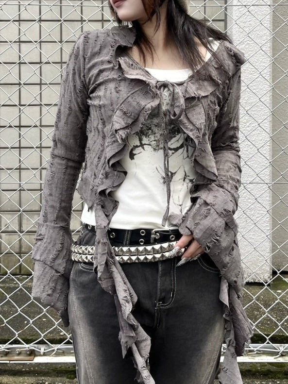 受注制【Never mind the XU】damage frill cardigan (2color)