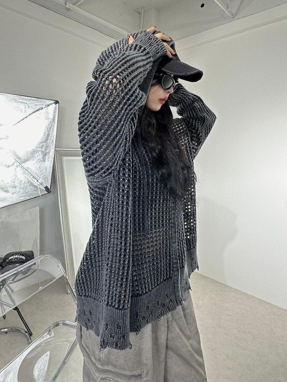 受注制【Never mind the XU】mesh zip damage hoodie (2color) / 【ネバーマインド ザ エックスユー】メッシュダメージジップアップ長袖パーカー