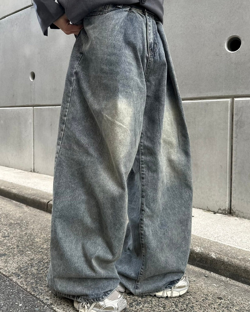 国際配送【LUV CODE】washed denim tuck wide pants