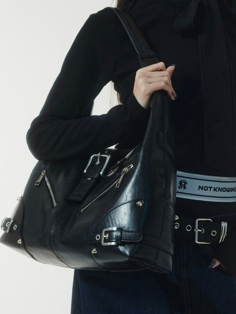 【NOT KNOWING】Black Moto Hobo Bag (LEATHER)