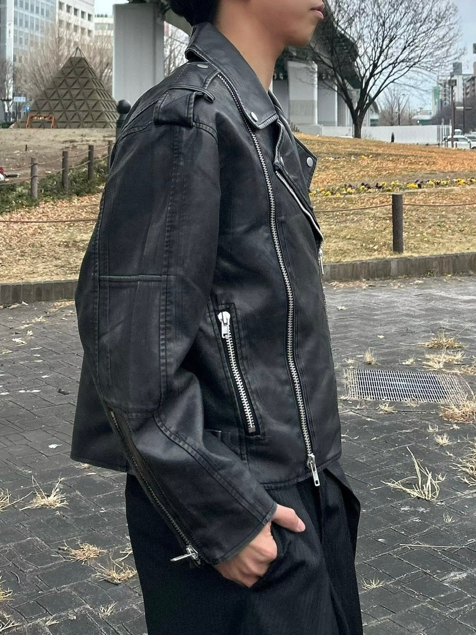 受注制【Chikashitsu +】aging wash cropped riders jacket