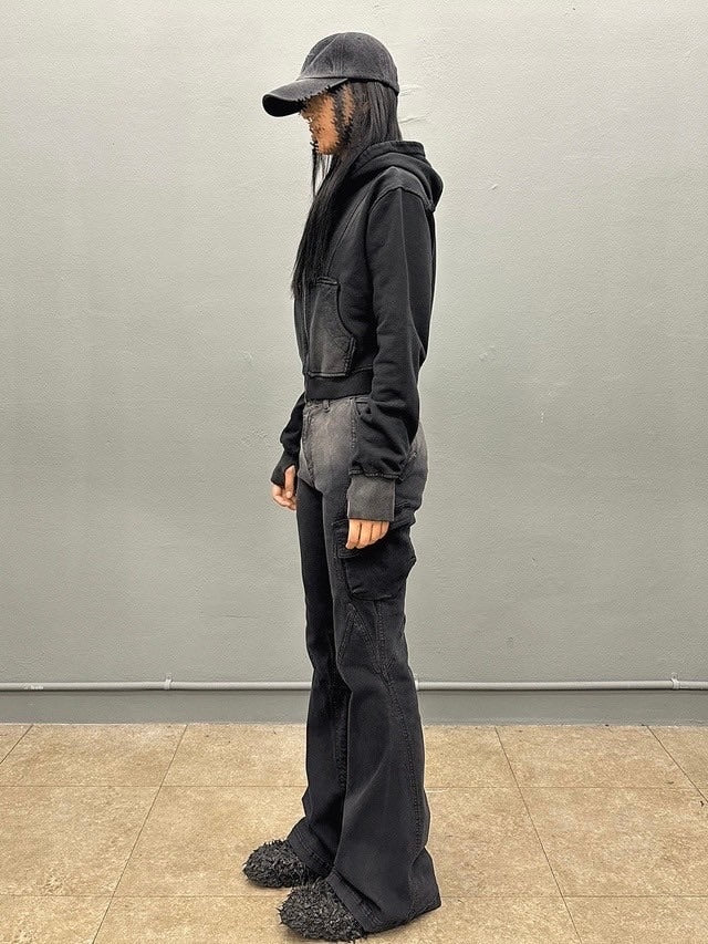 【BLR BLUER】BLEACHED CURVED INCISION SWEAT HOODIE ZIP-UP (Ｗ)