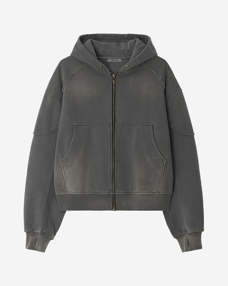 【BLR BLUER】BLEACHED CURVED INCISION SWEAT HOODIE ZIP-UP (Ｍ)