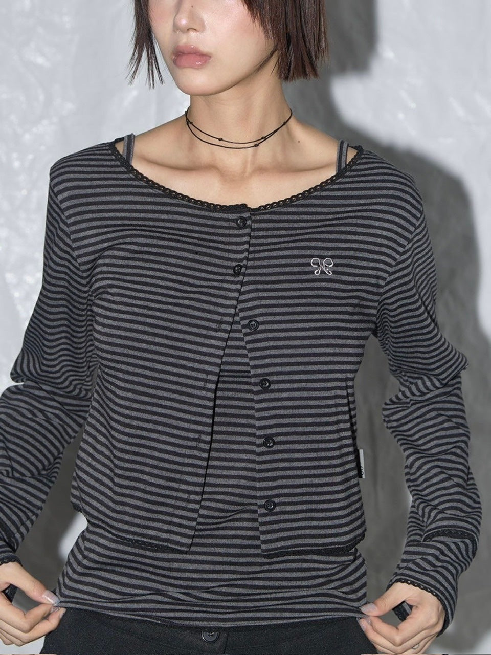 【FANCY CLUB】LACE STRIPE BASIC CARDIGAN