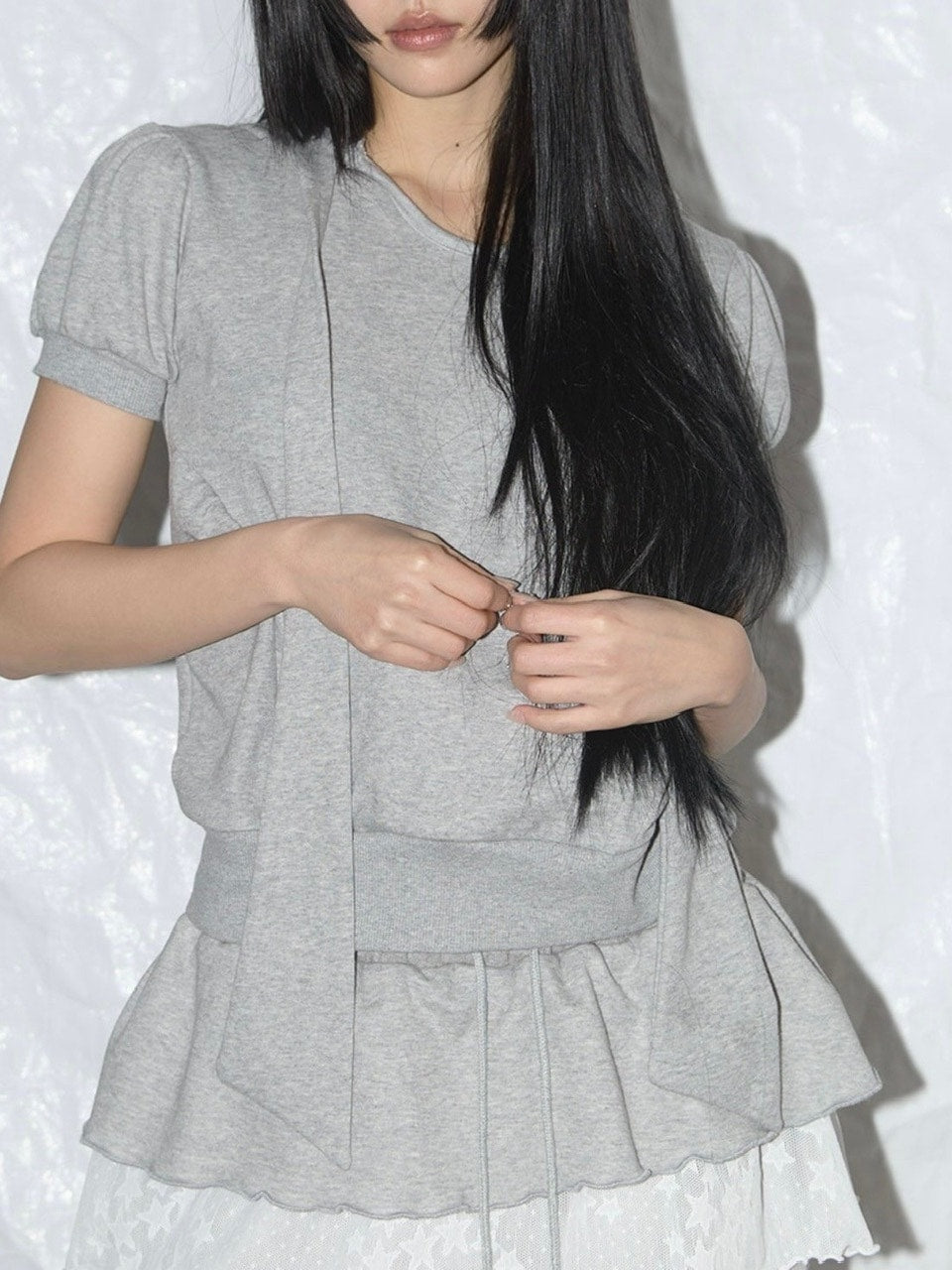 【FANCY CLUB】PUFF ROUND SCARF HOODIE / 【ファンシークラブ】パフスリーブラウンドネックスカーフショートパーカー