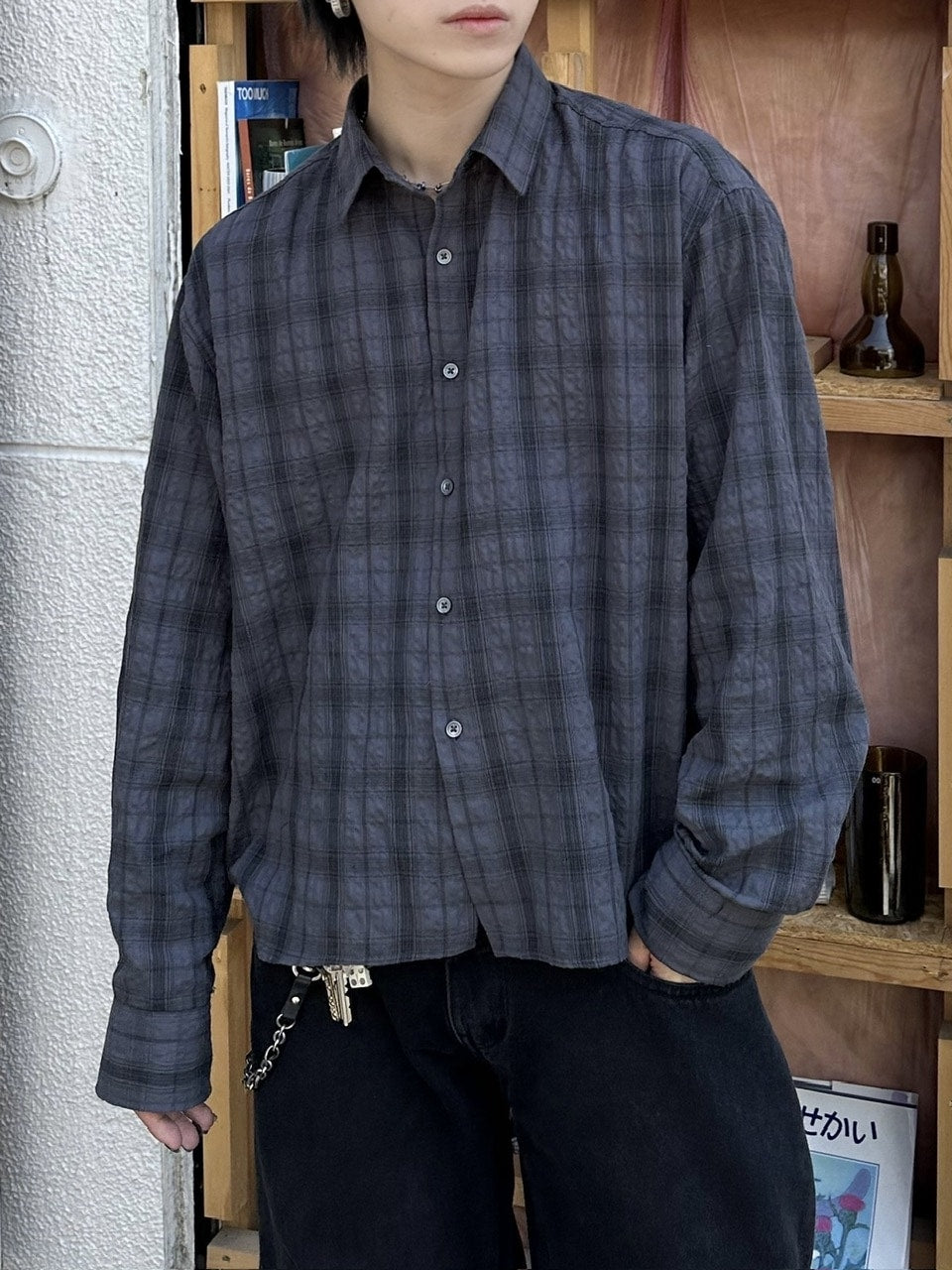 大阪店WEB限定【Chikashitsu +】cropped check shirt (2color)