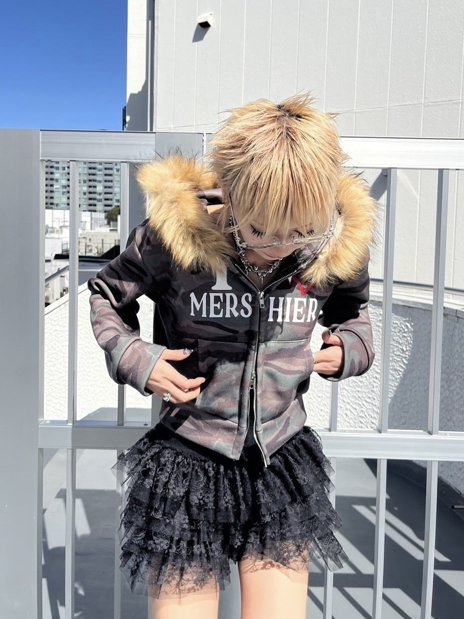 受注制【Never mind the XU】camouflage fur hood zipup /【ネバーマインドエックスユー】カモフラージュファーフードジップアップパーカー