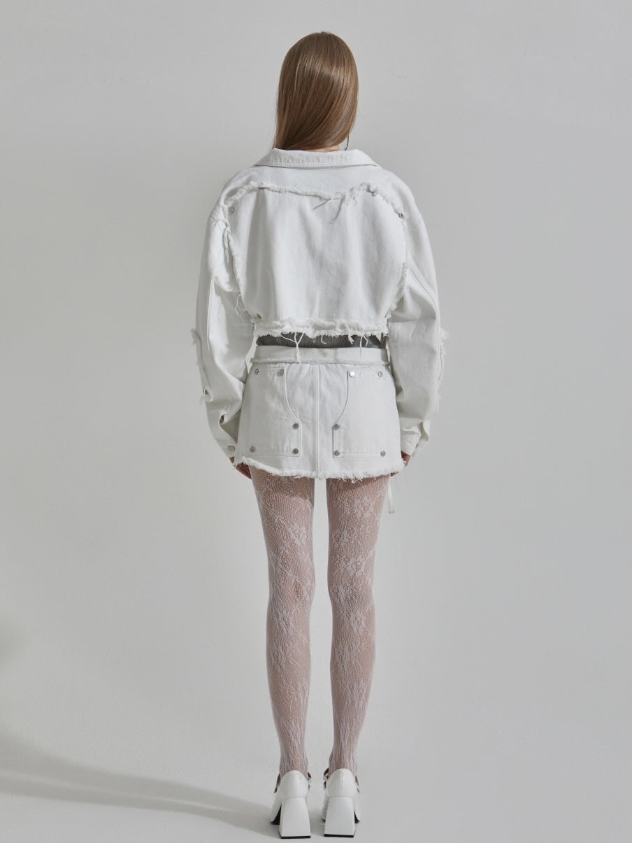 【GATELESS】RIVET FRINGE DENIM MINI SKIRT