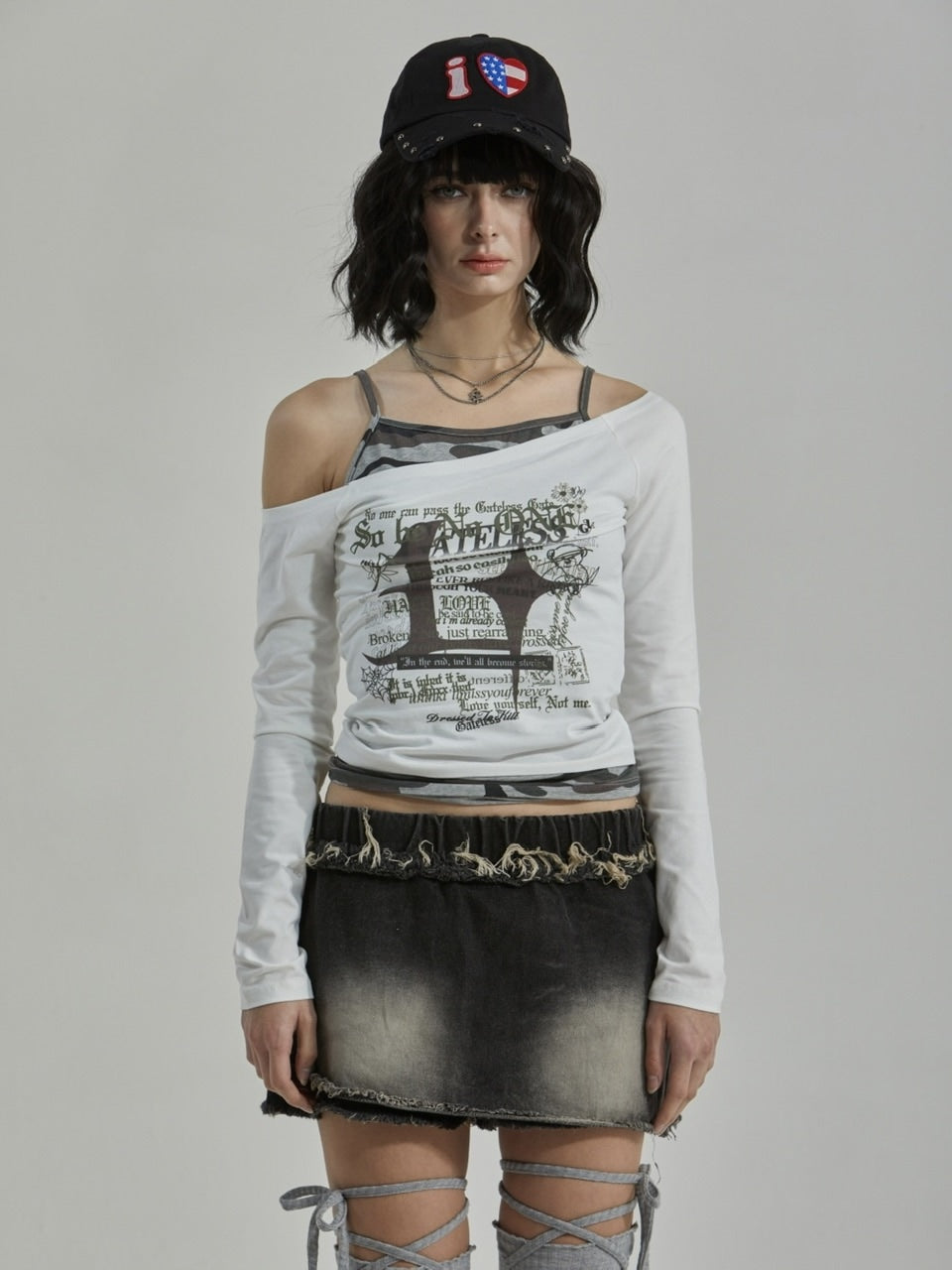 【GATELESS】CAMOUFLAGE LAYERED ONE SHOULDER T-SHIRT