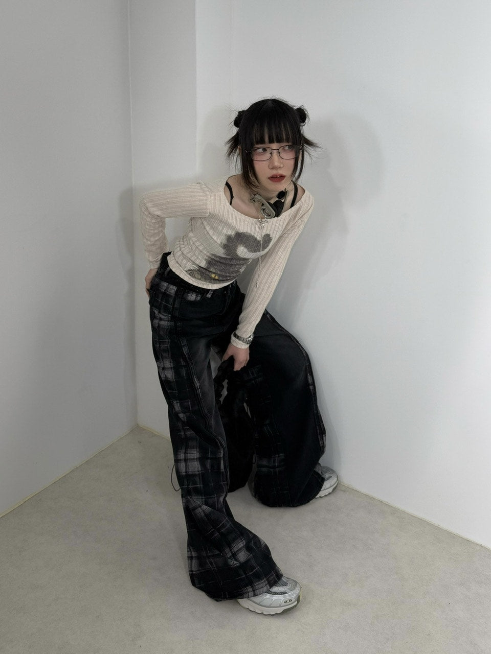 国際配送【Nerd out XU】high waist check wide denim pants