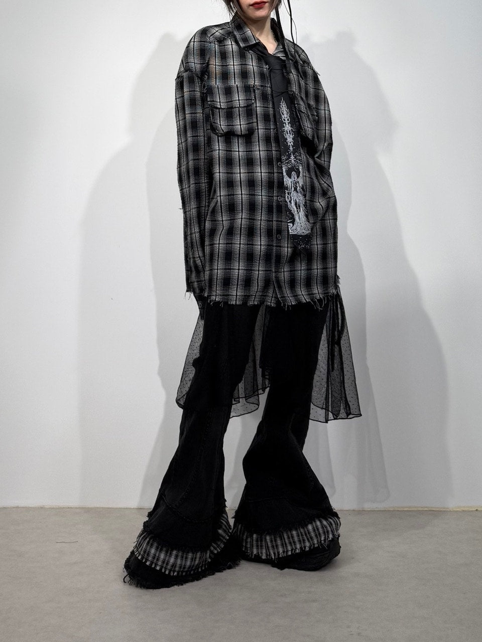 国際配送【Nerd out XU】check frill hem flare denim pants / 【ナードアウトエックスユー】チェックフリルヘムフレアデニムパンツ
