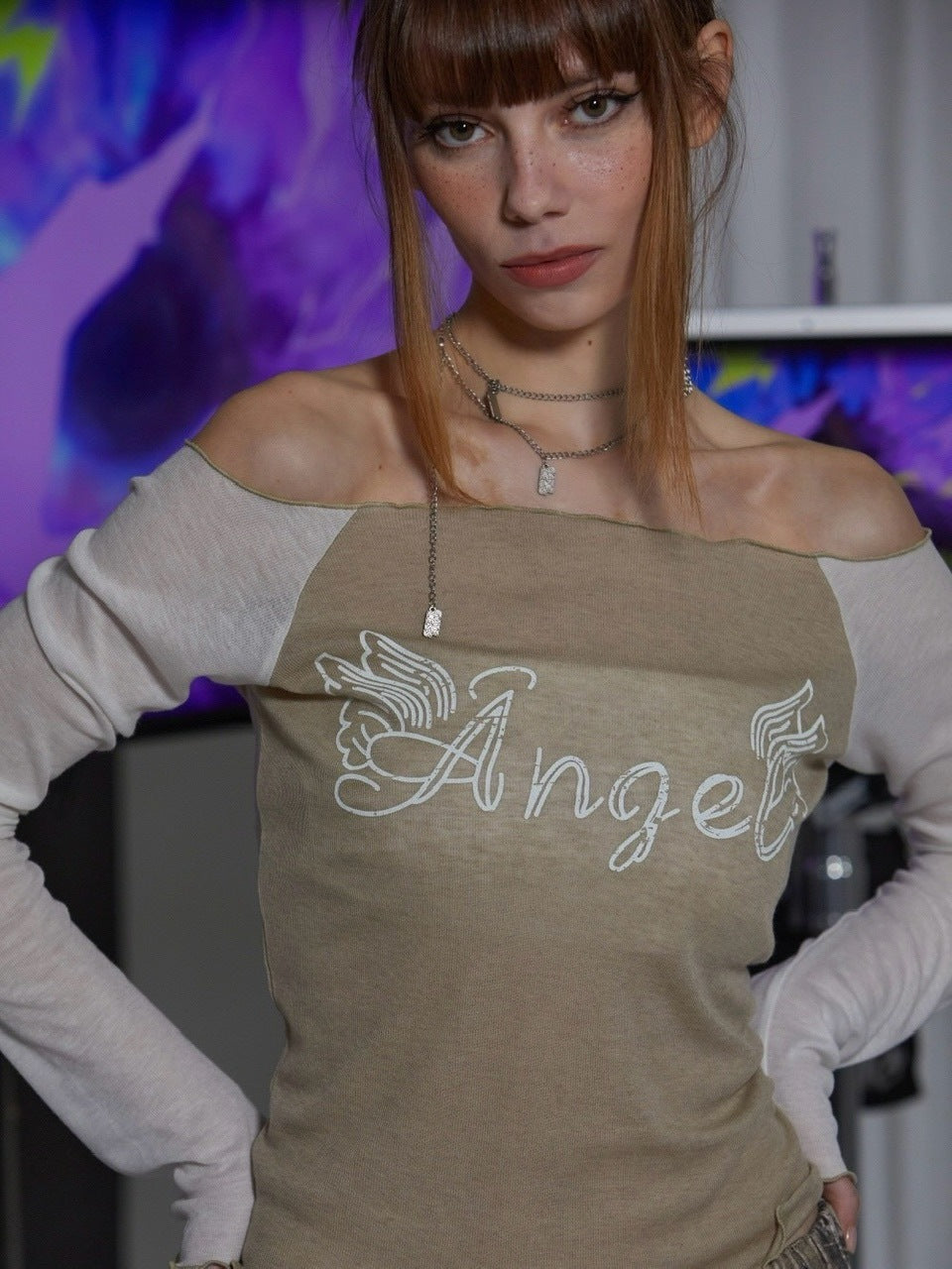 【GATELESS】SHEER OFF SHOULDER T-SHIRT