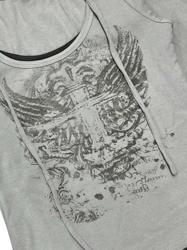 【Never mind the XU】tie set cross wing long sleeve tee (3color) / 【ネバーマインドザエックスユー】ネクタイセットクロスウィングプリント長袖Tシャツ