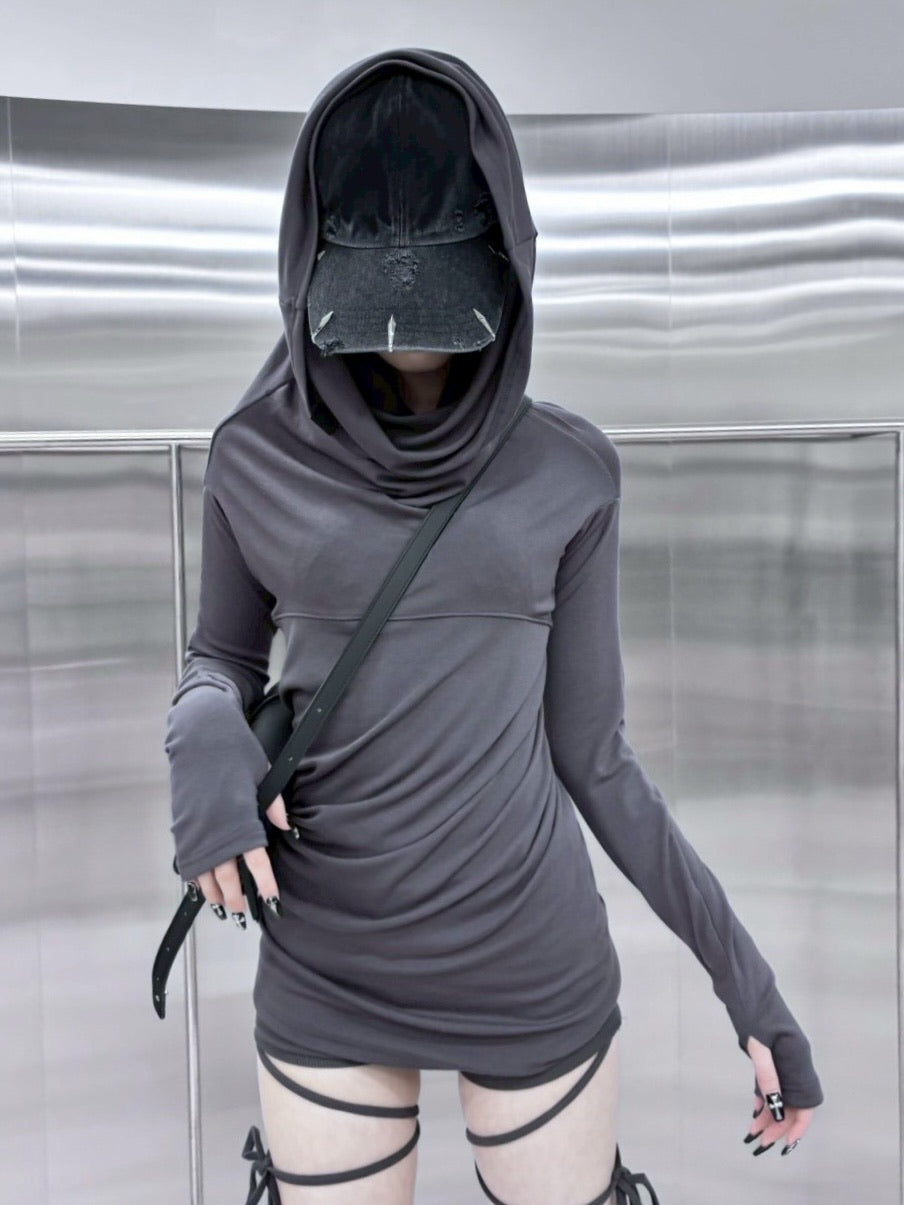 【nmtc +】3way hood onepiece (2color) / 【エヌエムティーシープラス】スリーウェイフード長袖ワンピースオフショルダー長袖ワンピースタイトミニ長袖ワンピース